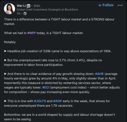 Screenshot of a Linkedin post by BlackRock's Wei Li