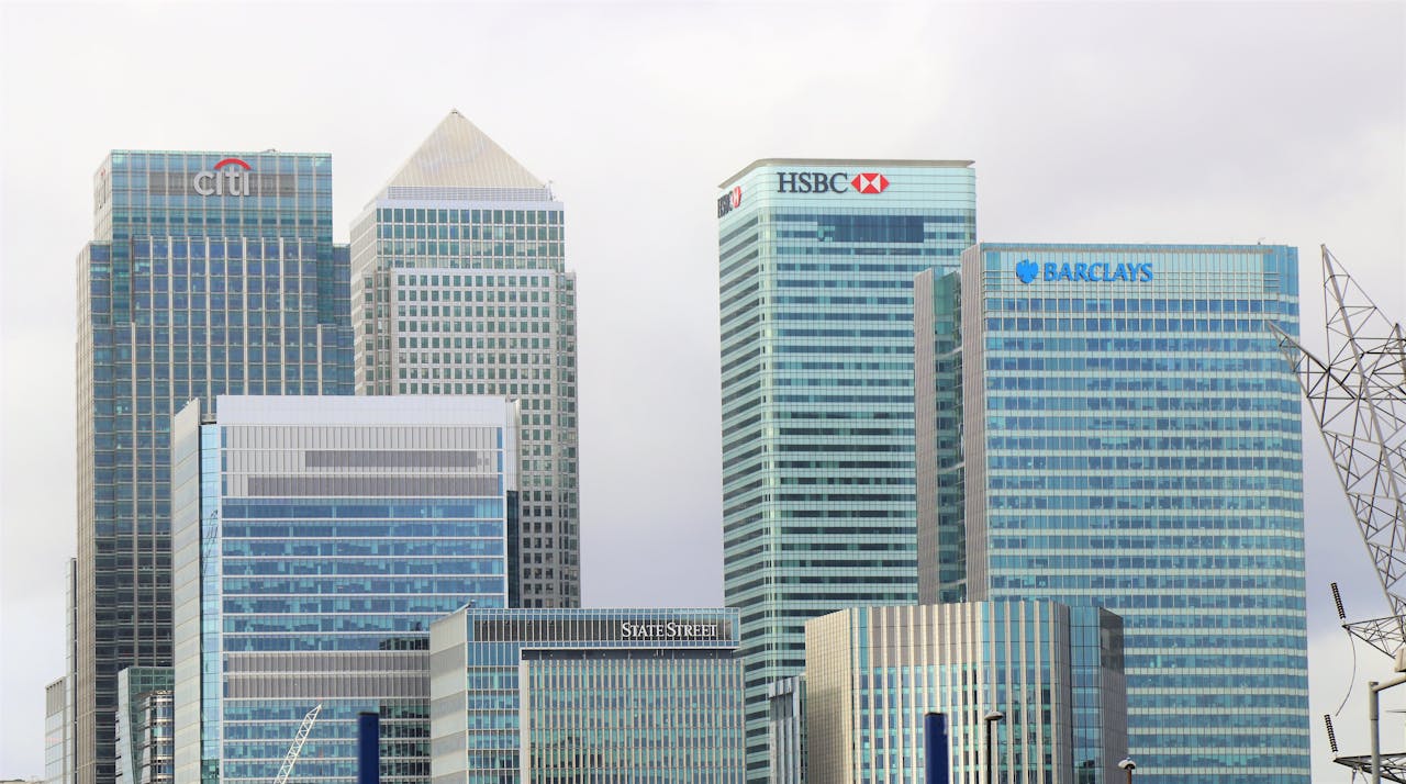 Photo of skyline filled with buildings representing different international banking institutions.