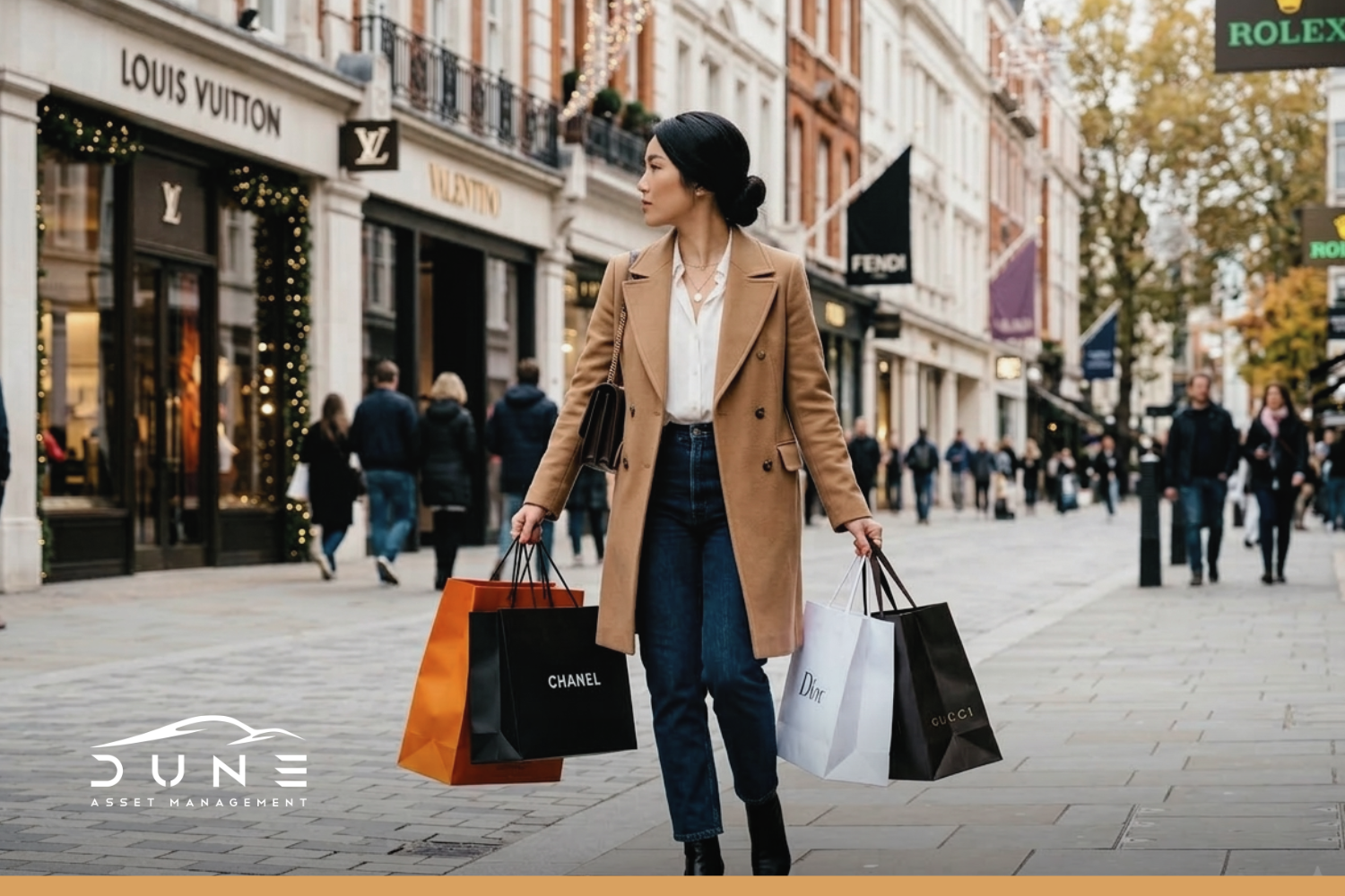 Image of asian lady shopping and carrying multiple luxury branded bags