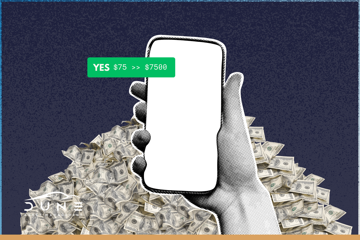 Hand holding a phone earning a lot of money via prediction markets.